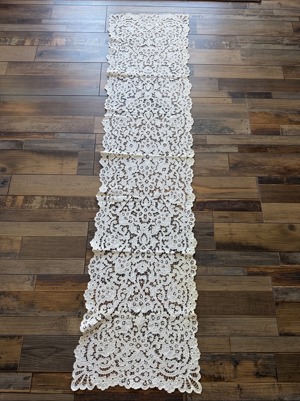Vintage handmade Battenberg cream lace table runner Cottagecore Boho Decor